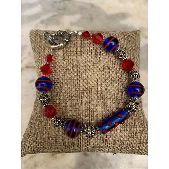 Red Blue Lampwork Beads Handmade Bracelet #Italy #USA #handmade - Picture 1 of 7